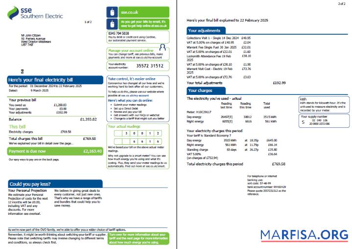 Printable Scotland SSE utility bill template in Word and PDF formats, 2 pages